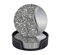 Silver Faux Glitter Glam Bling,Round Coasters, Mugs Pad, Cups Mat Set of 6 Leather Drinks Coasters with Holder