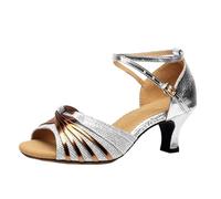 Silver Female Latin Dance Shoes Salsa Tango Ballroom Cross Ankle Strap Adjustable Women Buckle Peep Toe Mid Heel Satin Two Tone Non-slip Soft Comfortable Party Prom Wedding Dancing Size 4