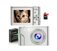 (Silver) FHD 1080P 48MP Digital Camera, 16X Zoom, Beginner-Friendly, Mini Camera with 2 Batteries & 32GB SD Card