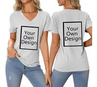 Silver Find A Gift Personalised T-Shirts for Women Summer Tops with Custom Front & Back Print Create Your Own Text & Image T-Shirt V Neck Blouse Customised Pullover Jumper