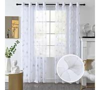 Silver Foil Print Voile Sheer Curtains, Leaves Grommet Top Window Drapes 90 Inches Long, Luxury Metallic Bronzing Treatment Panels for Home Window Decoration, 2 Panels