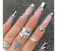 Silver French Tip False Nails - 24 Pcs Long Square Press On Nails Nude Nails with Dazzling Silver Edge & Star Charms - Full Cover Acrylic Stick on Nails with Glue - Salon Quality & Easy DIY