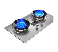 Silver Gas Stove With 2 Burners, 9-chamber High-flame Automatic Flameout Protection Device, 180-minute Timer (two Sides Are Independent), Portable Gas Stove With Hose (Size : NG)