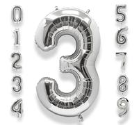 Silver Giant Number 3 Balloons: Large 40 Inch Foil Helium Balloons for Kids Age 0-9, Boy & Girl, 3rd Birthday Party & Baby Shower Decorations