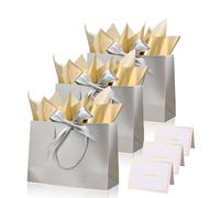 Silver Gift Bags for Presents,3P Medium Present Bags with 6 Metallic Gold Tissue/3 Card,Personalised Birthday Gift Paper Bag with Ribbon,28 * 20 * 10 Wrapping Bag for Christmas Wedding Gift Party Bag