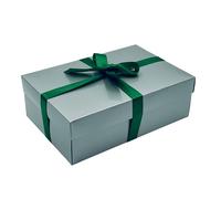 Silver Gift Box with Lid | Pick Your Ribbon Colour | Large Memory or Hamper Boxes | Flat-Packed Boxes for Presents, Birthday or Baby Gifts | Size 30x20x10cm (Emerald Ribbon 67)