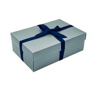 Silver Gift Box with Lid | Pick Your Ribbon Colour | Large Memory or Hamper Boxes | Flat-Packed Boxes for Presents, Birthday or Baby Gifts | Size 30x20x10cm (Navy Ribbon 79)