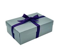 Silver Gift Box with Lid | Pick Your Ribbon Colour | Large Memory or Hamper Boxes | Flat-Packed Gift Boxes for Presents, Birthday or Baby Gifts | Size 30x20x10cm (Purple Ribbon 48)