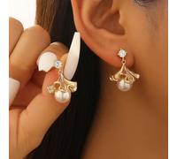 Silver Ginkgo Fan Earrings with Pearl Drop Tassel | Unique fan shape, ginkgo leaf pattern, gold plated post, pearl accent, flowing tassel detail