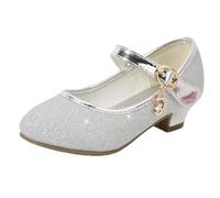 Silver Girls' Princess Low Heel Glitter Shoes Sparkly Mary Jane Shoes - Metallic Strap Buckle Leather Footwear Soft Sole Dress Shoe for Party School Birthday Prom Cosplay