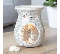 Silver Glass Flared Oil, Wax Melt Burner. Mirrored Crackle Effect. H14 Cm