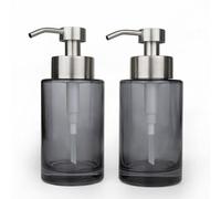 Silver Glass Soap Dispenser 2Pack with Stainless Steel Pump & Label, 12oz Thick Glass Grey Hand Dispenser for Bathroom & Kitchen