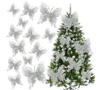 Silver Glitter Butterfly Decorations Christmas Tree Butterfly Ornaments Artificial Butterflies with Clip & Stem for Xmas Party Wreath Garland Decor - 12-Pack 5inch 3D Hollow Butterflies