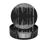 Silver Glitter Drips Sparkle Black,Round Coasters, Mugs Pad, Cups Mat Set of 6 Leather Drinks Coasters with Holder
