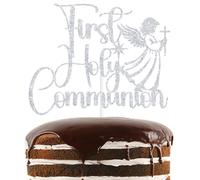 Silver Glitter First Holy Communion Cake Topper, Prayer Cross My Baptism Decor, Religious Christening Wedding Baptism Baby Shower Party Decorations Supplies (Silver)