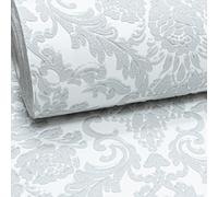Silver Glitter Grey White Damask Textured Heavy Duty Vinyl Feature 3D Wallpaper