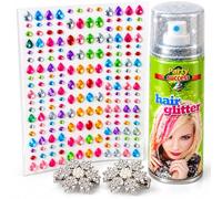 Silver Glitter Hairspray Kit - Wash Out Formula 125ml + Sparkly Hair Clips & Sticky Face Gems - Temporary Silver Hair Dye, Glitter Hairspray & Body Glitter Spray for Parties & Fancy Dress