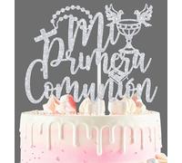 Silver Glitter Mi Primera Comunion Cake Topper, First Holy Communion God Bless Cake Decor, Spanish Religious Baptism Christening Decor for Baby 1st Communion Party Supplies