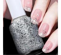 Silver Glitter Nail Polish, Mixed-Size Reflective Particles, 1 Bottle | Translucent grey-toned base, layered speckled finish, for full coverage, tip detailing, at-home manicures and accent nails