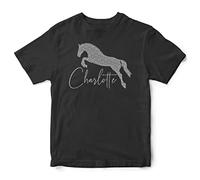 Silver Glitter Personalised Girls Horse Jumping T Shirt, Custom Equestrian Gifts Girls Tshirt, Christmas and Birthday Gifts for Daughter who Loves Riding Horses and Ponies, 5-6 Years, Black