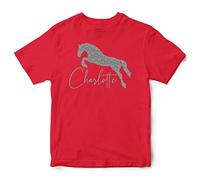 Silver Glitter Personalised Girls Horse Jumping T Shirt, Custom Equestrian Gifts Girls Tshirt, Christmas and Birthday Gifts for Daughter who Loves Riding Horses and Ponies, 7-8 Years, Red