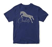 Silver Glitter Personalised Girls Horse Jumping T Shirt, Custom Equestrian Gifts Girls Tshirt, Christmas and Birthday Gifts for Daughter who Loves Riding Horses and Ponies, 12-13 Years, Navy
