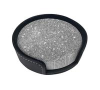 Silver Glitter Sparkles,Set of 6 Round Coasters, Pu Leather Drinks Coasters with Holder for Home Office Kitchen
