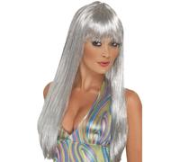 Silver Glitter Wig 60s 70s Disco Long Glamour Fancy Dress Accessory