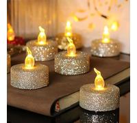Silver Glittering Led Tealight Candles,12-Pack Warm Yellow Battery Flickering Fake Tea Lights Realistic Flameless Tealights for Christmas,Easter,Halloween,Wedding,Party,Festivals ect Decorations