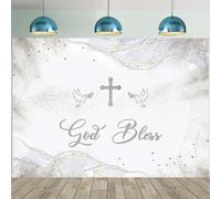 Silver God Bless Baptism Backdrop for Photoshoot First Holy Communion Christening Party Decorations Boy Girl Christening Baby Shower Background Newborn Baptism Backdrop (7X5FT)