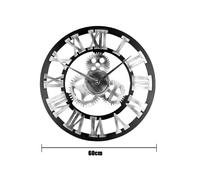 (Silver) GoDyna Wall Clock Big Roman Numerals Hanging Clock 60cm/24 Inch Giant Open Face Indoor Wall Clock Wood 3D Gear Clock Vintage Industrial Wall