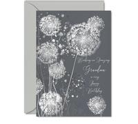 Silver Grandma Birthday Card, Shimmering Dandelions
