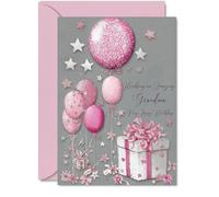 Silver Grandma Birthday Card - Silver and Pink Presents - Happy Birthday Card for Grandma from Grandson Granddaughter, 5x7 Inch Bright and Joyful Bday Greeting Cards