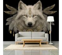 Silver Grey 3D Effect Photo Mural 400W x 280H cm, Digital Art Animal Wolf Dreamcatcher Feather Non-Woven Mural Wallpaper for Lounge Playroom Bedroom Nursery Feature Walls - Black Bespoke Wall Art