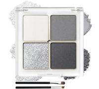 Silver-Grey 4-Color Matte & Shimmer Eyeshadow Palette with Glitter Topper + 2 Brushes - Long-Lasting, Waterproof Compact Eye Makeup for Smoky & Aurora Looks - Travel-Size Quad (Grey)