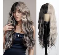 Silver Grey Long Wavy Wig with Black Highlights and Bangs 26 Inches Natural Looking Heat Resistant Synthetic Hair Wig for Women Party Daily