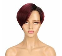 Silver Grey Short Pixie Cut Straight Bob Human Hair Lace Wigs For Women Brazilian Hair Glueless Colored Wear Wigs-PART-10inches-Red/Burgundy Mix