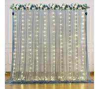Silver Grey Tulle Backdrop Curtain with Lights String for Parites 10x8ft Sheer Backdrop Curtains for Birthday Party Bridal Shower Baby Shower Wedding Ceremony Prom Photo Booth Background Decorations