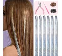 Silver Hair Tinsel Kit 48 Inches 1200 Strands with Tools and Instruction Easy to Install Fairy Glitter Tinsel Hair Extensions for Women and Girls，Shinny Sparkling Braiding Hair Accessories for