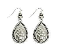 Silver Hammered Earrings for Women Boho Teardrop Dangle Earrings Antique Hammered Textured Earrings for Women Handmade Jewelry , M, Metal, No Gemstone