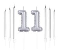 Silver Happy 11th Birthday Candles & Cake Toppers, Number 11 with 6pcs Long Candles for Cake, Girls Women Birthday Party Decorations & Wedding Anniversary