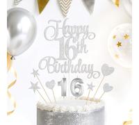 Silver Happy 16th Birthday Cake Decorations, Glitter 16th Birthday Cake Toppers Set and Numeral 16 Candles for Birthday Party Supplies, Heart Star Cupcake Decorations