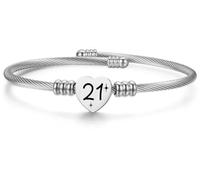 Silver Heart Birthday Bracelet with Lucky Number: An Adjustable Open Bangle for Women, Sisters, Friends, and Moms - A Thoughtful Birthday Gift for Women (Silver, 21)
