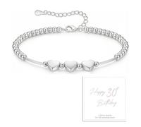 Silver Heart Bracelet for Women, 30th Birthday Gifts Girl - Sterling Silver Bead Adjustable Bracelet with 3 Copper Hearts, Hypoallergenic Ladies Bracelets with Personalised Card for Mum Daughter Siste
