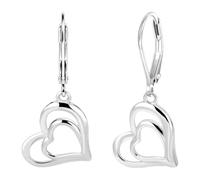 Silver Heart Dangle Earrings for Women Long Heart Leverback Earring Double Love Shaped Dangling Earrings Trendy Everyday Jewelry Valentines Day Gifts, L, Metal, No Gemstone
