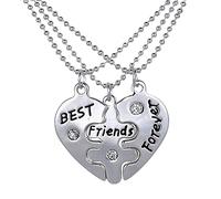 Silver Heart Necklaces For Friends, Best Friend Necklaces For 3 Matching Best Friends Forever Engraved Puzzle Pendant Necklaces For Her Girls Woman Bff Friendship s Birthday Sil