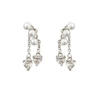 Silver Heart-shaped Pearl Tassel Earrings:Natural Pearls Paired with Brilliant Rhinestones Exquisite Earrings for Fashionable Ladies Great Birthday Gift