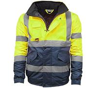 Silver® Hi VIS Viz High Visibility Bomber Jacket Workwear Safety Security Concealed Hood Fluorescent Flashing Hooded Padded Waterproof Work Wear Coat (High Visibility Builder Jacket Yellow/Navy, M)