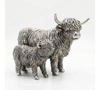 Silver Highland Cow & Calf Ornament - Hand-Finished Resin Figurine, Farmhouse Shelf Décor, Scottish Country Home Accent, Thoughtful Gift for Mum or Grandma