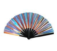 Silver Holographic Rave Hand Fan Glitter Large Folding Clack Handheld Fan PVC Laser Festival Fan Chinese Hand Fans for Wedding Birthday Dancing Music Night Club Rave Festival Cosplay Party (Colorful)